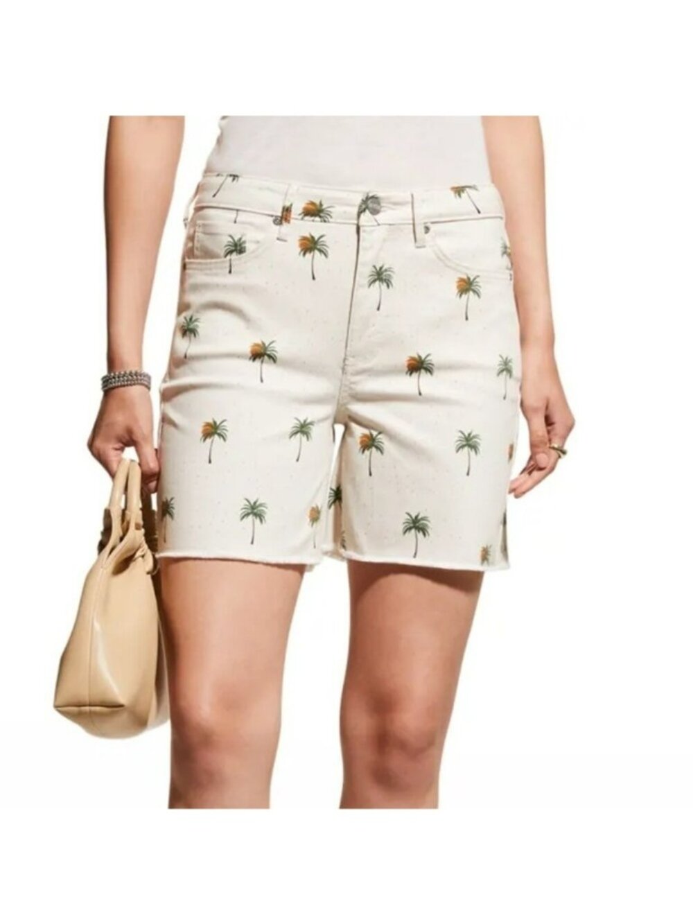 NYDJ A-Line Fray Hem Shorts Cirq Palms Print Womens Size 4 Ivory Palm Tree Patte